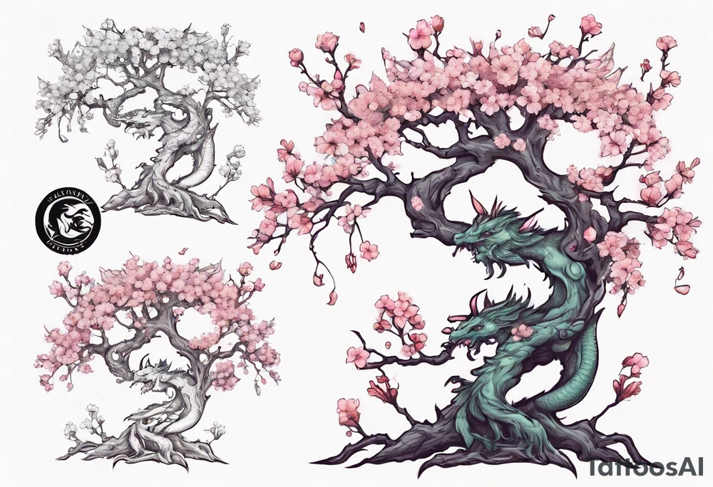 skinny tree brand with small cherry blossom flowers. Small fantasy dragon perched on branch. tattoo idea