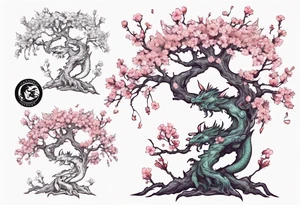 skinny tree brand with small cherry blossom flowers. Small fantasy dragon perched on branch. tattoo idea