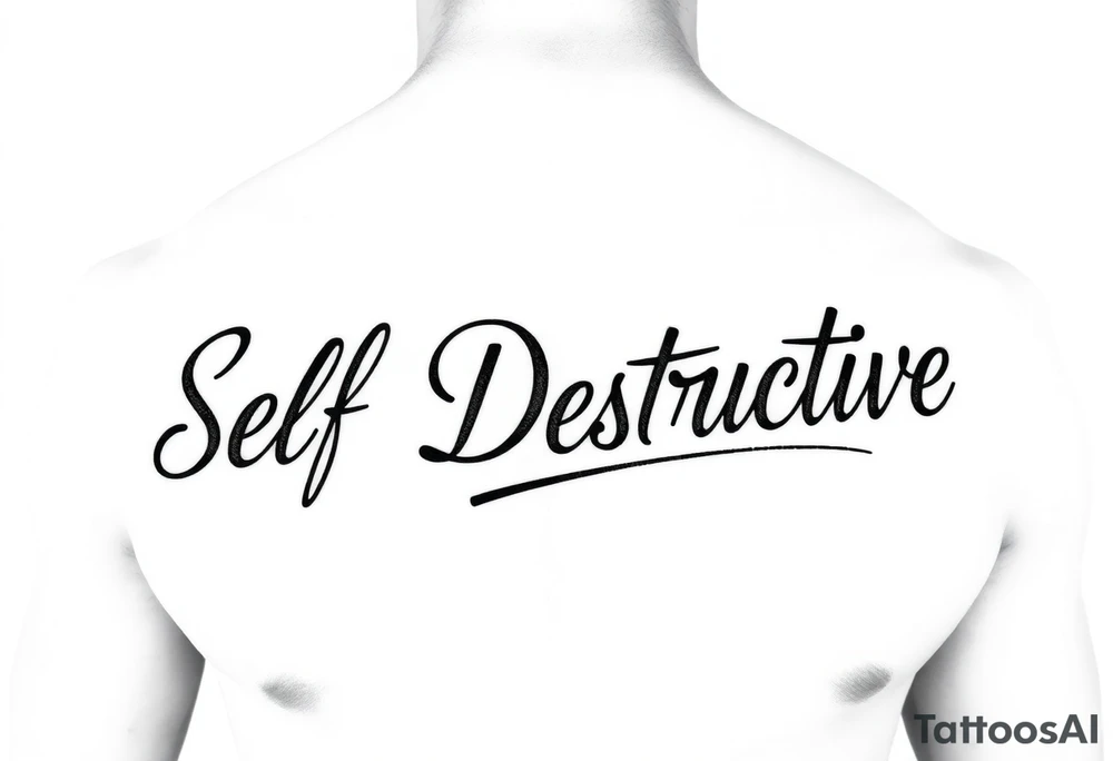 Outline of the words Self Destructive in a thick bold cursive font lettering across the chest tattoo idea