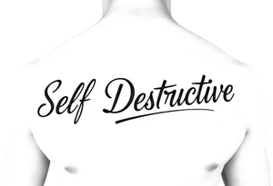 Outline of the words Self Destructive in a thick bold cursive font lettering across the chest tattoo idea