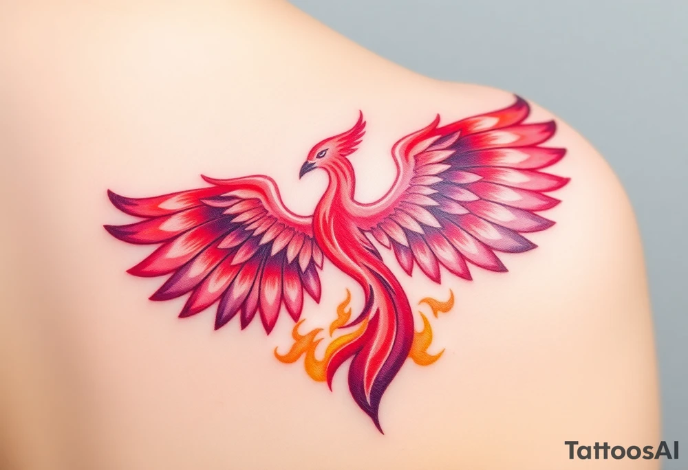 Square, phoenix rising from fire with both wings opened, colors red, pink, orange and purple. tattoo idea