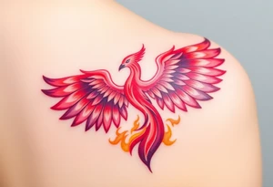 Square, phoenix rising from fire with both wings opened, colors red, pink, orange and purple. tattoo idea