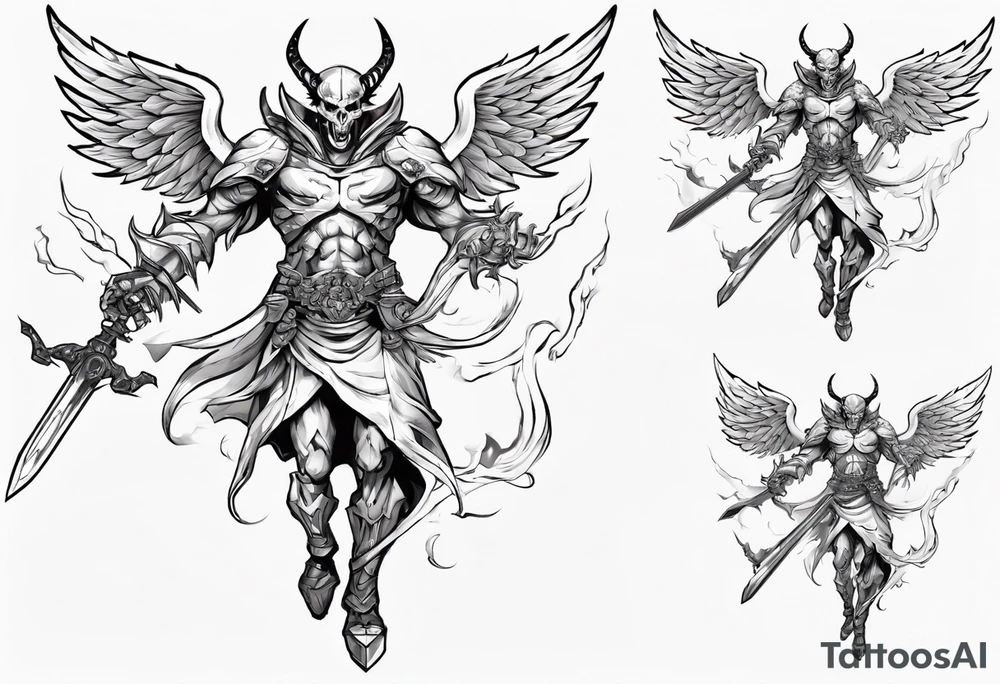 A demon angel wearing organic armor that is in mid-air with his two-handed sword about to attack in isometric view. tattoo idea