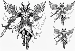 A demon angel wearing organic armor that is in mid-air with his two-handed sword about to attack in isometric view. tattoo idea