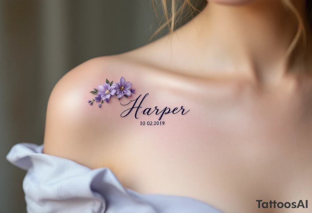 Hana 10. 02. 2019) – Soft violet and lilac flowers winding around Harper's birthdate, with subtle silver details. tattoo idea