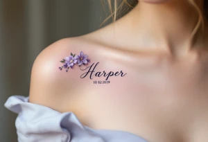 Hana 10. 02. 2019) – Soft violet and lilac flowers winding around Harper's birthdate, with subtle silver details. tattoo idea