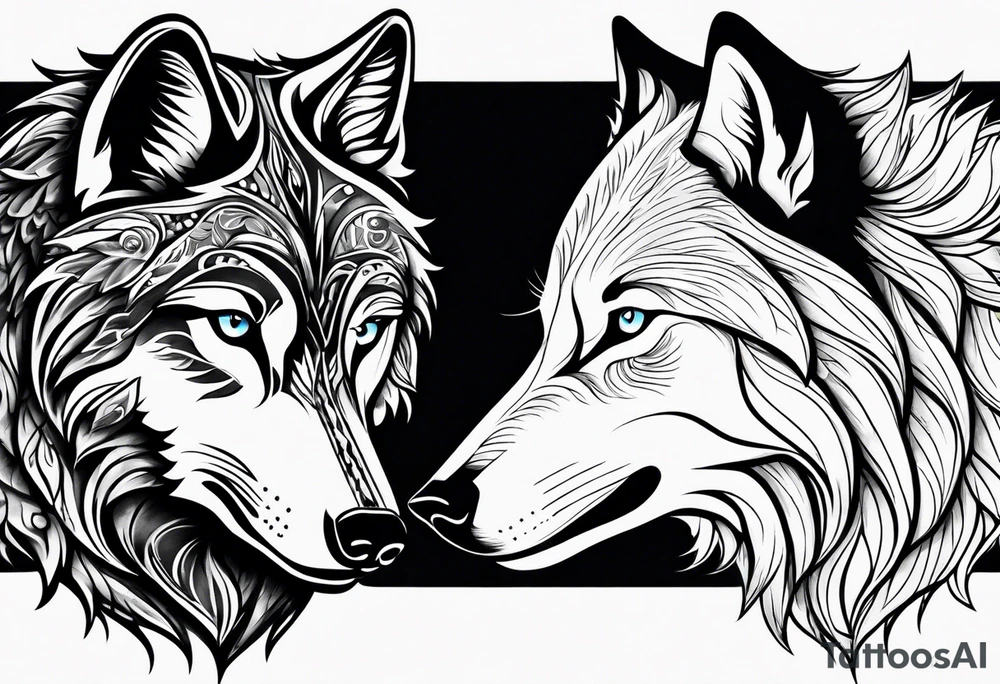 White wolf fading into Black wolf tattoo idea