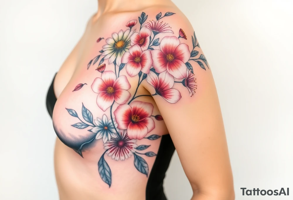 This tattoo is on a woman. It starts on her left side of the chest on the pectoral with a Glaiolus and Daisy together, then the tattoo rises over the left shoulder and down the arm and ends at the elbow. The tattoo will include a primroses, Calla Lilys, and Lillys. It will be light on color except in the petals and has light shading to make it pop. It will not wrap around the chest but rather bloom upwards from the pectoral and spill over the shoulder and down to the elbow. tattoo idea