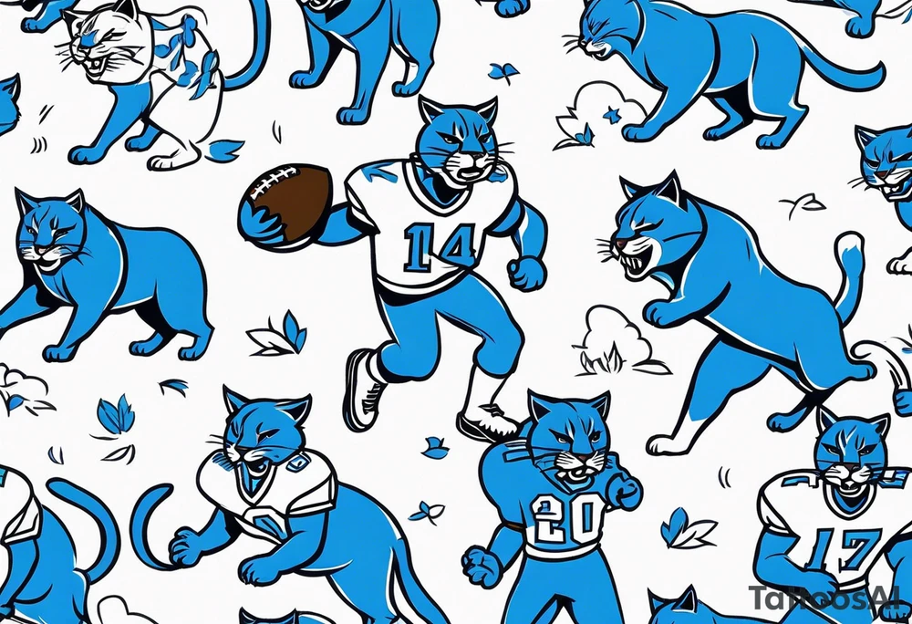 blue wildcat being walked on  leash by high school football players wearing a Carolina blue football jersey that says wildcats tattoo idea