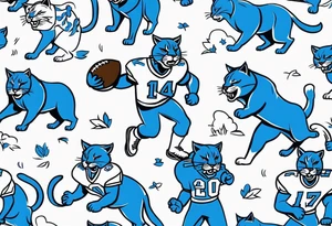 blue wildcat being walked on  leash by high school football players wearing a Carolina blue football jersey that says wildcats tattoo idea