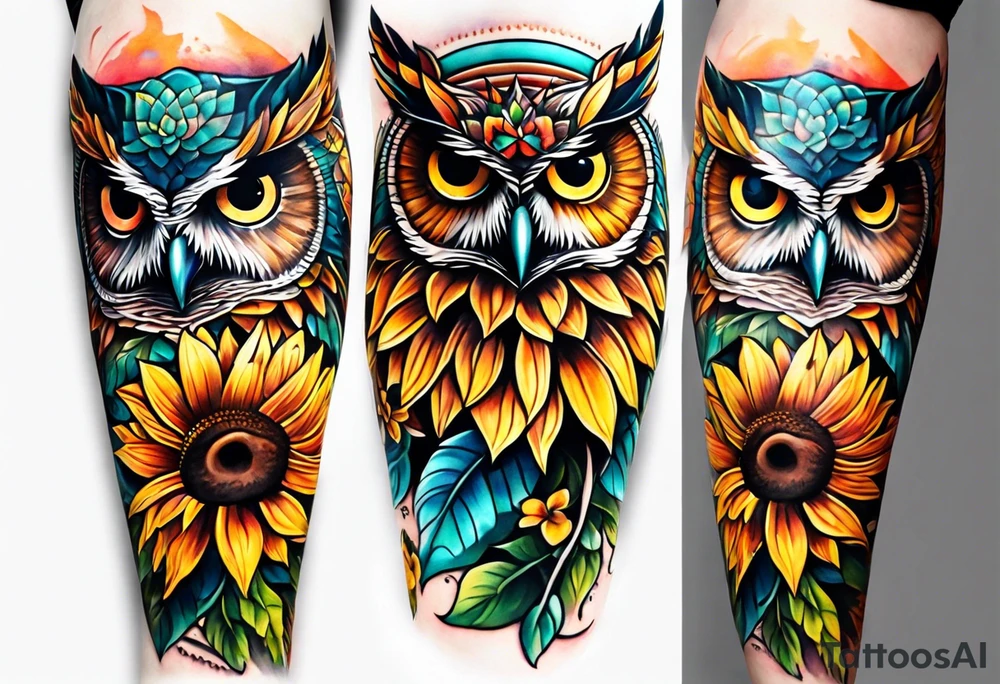 Leg sleeve with colorful sunflowers and an owl tattoo idea