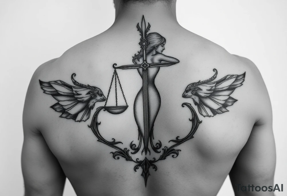 El cuerpo completo del símbolo femenino de libra le suben rodeando dos escorpiones tattoo idea