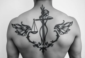 El cuerpo completo del símbolo femenino de libra le suben rodeando dos escorpiones tattoo idea