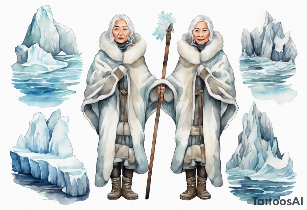 a middle aged Inuit woman with white hair, wearing mittens, wearing a white cloak, holding a white staff, wearing mukluks, standing on an iceberg in the sea tattoo idea