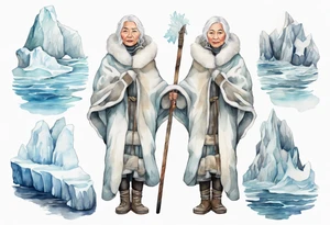 a middle aged Inuit woman with white hair, wearing mittens, wearing a white cloak, holding a white staff, wearing mukluks, standing on an iceberg in the sea tattoo idea