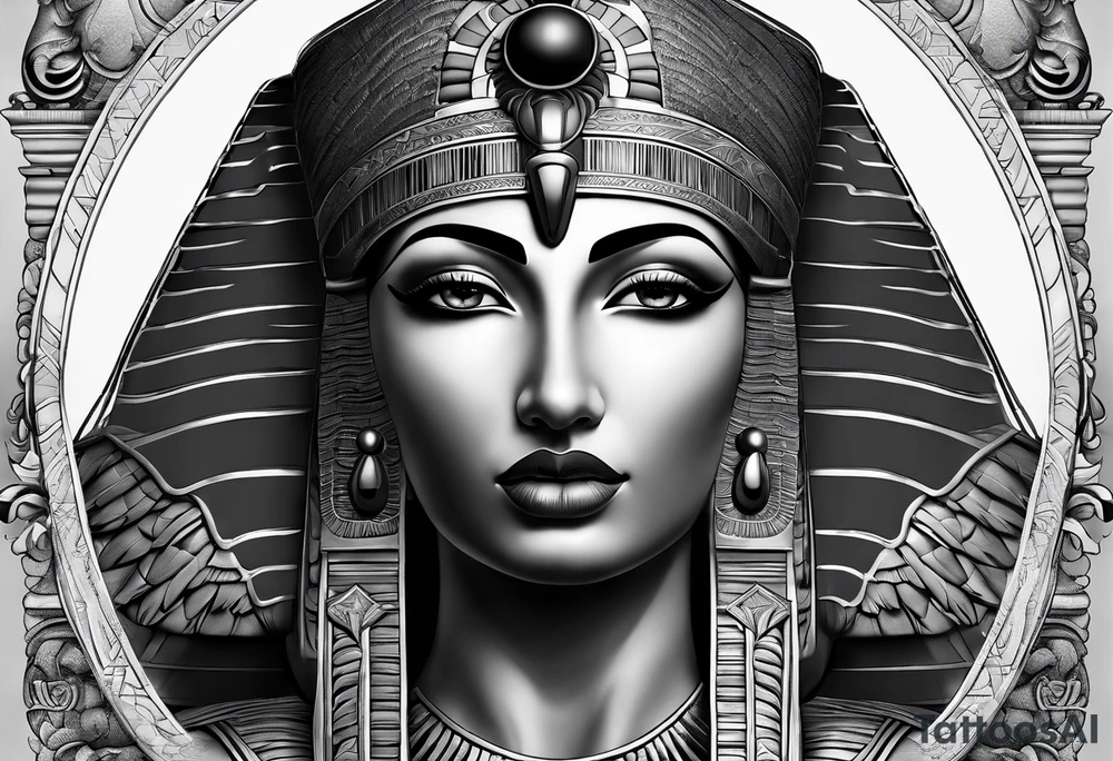 black and gray photo realistic goddess isis with minimal detail tattoo idea