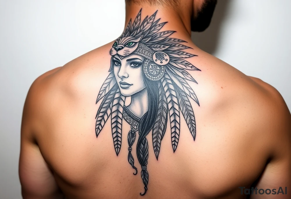 Aztec princess with panther headdress with gold accents tattoo idea