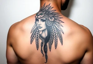 Aztec princess with panther headdress with gold accents tattoo idea