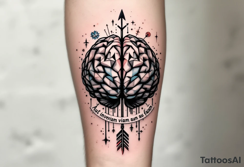 A front-seen brain in geometric and straight lines, with few watercolor details but mostly black, symbols representing intelligence, creativity and dreaming flying arround, the phrase "Aut inveniam viam aut faciam" and a detailed arrow crossing from above with watercolors leaking from its tip tattoo idea