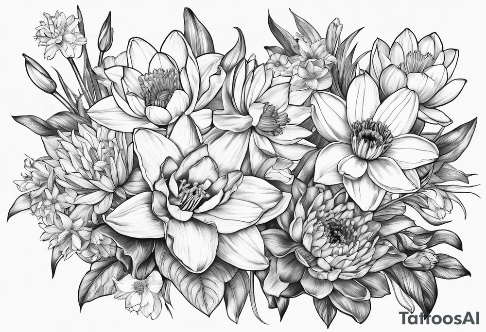 Bouquet of daffodils, water lily’s, and larkspur tattoo idea