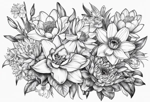 Bouquet of daffodils, water lily’s, and larkspur tattoo idea