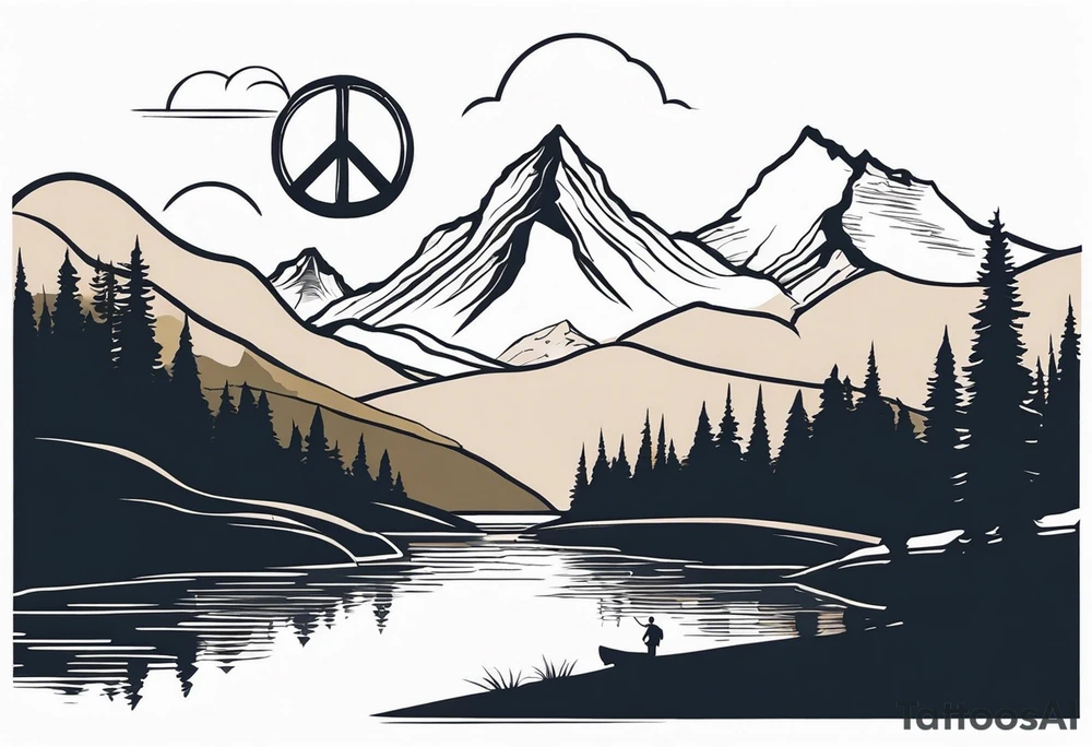 Mountain scene with a river with a subtle peace sign. Use IT IS WELL written in the scene tattoo idea