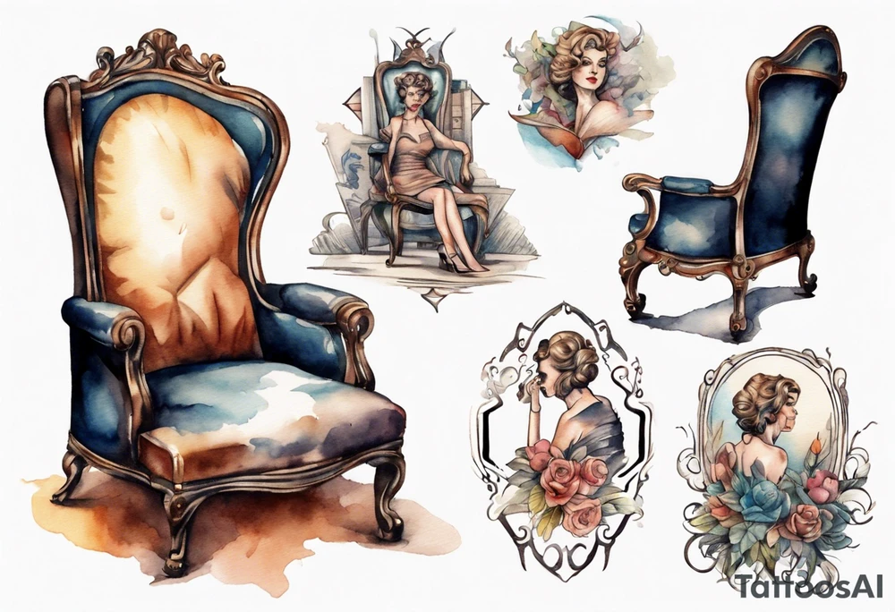 an antique chair with a woman's face emerging from the back, in a library tattoo idea