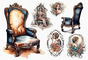 an antique chair with a woman's face emerging from the back, in a library tattoo idea