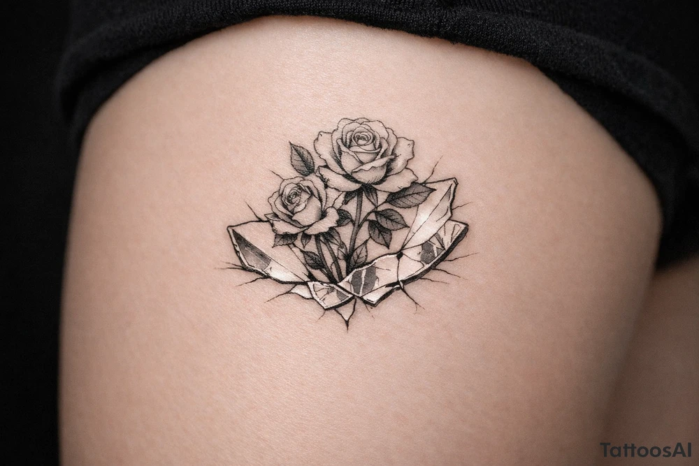 Close-up of roses emerging from fragmented mirror, dark, moody lighting. tattoo idea