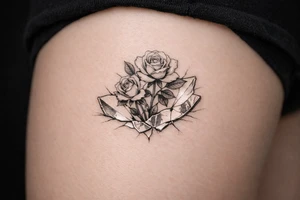 Close-up of roses emerging from fragmented mirror, dark, moody lighting. tattoo idea