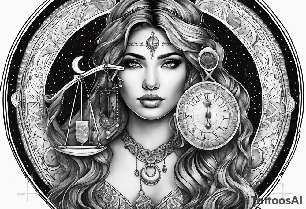 Libra woman holding scales with a night zodiac background including a half moon that encircles half of the woman with vibrant colors tattoo idea