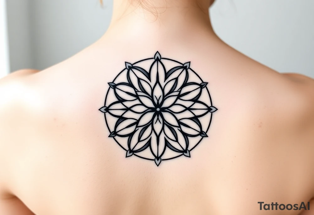 A symmetrical Flower of Life with hexagonal crystal details in round cyrcle, enhancing its sacred geometric nature. tattoo idea