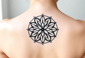 A symmetrical Flower of Life with hexagonal crystal details in round cyrcle, enhancing its sacred geometric nature. tattoo idea