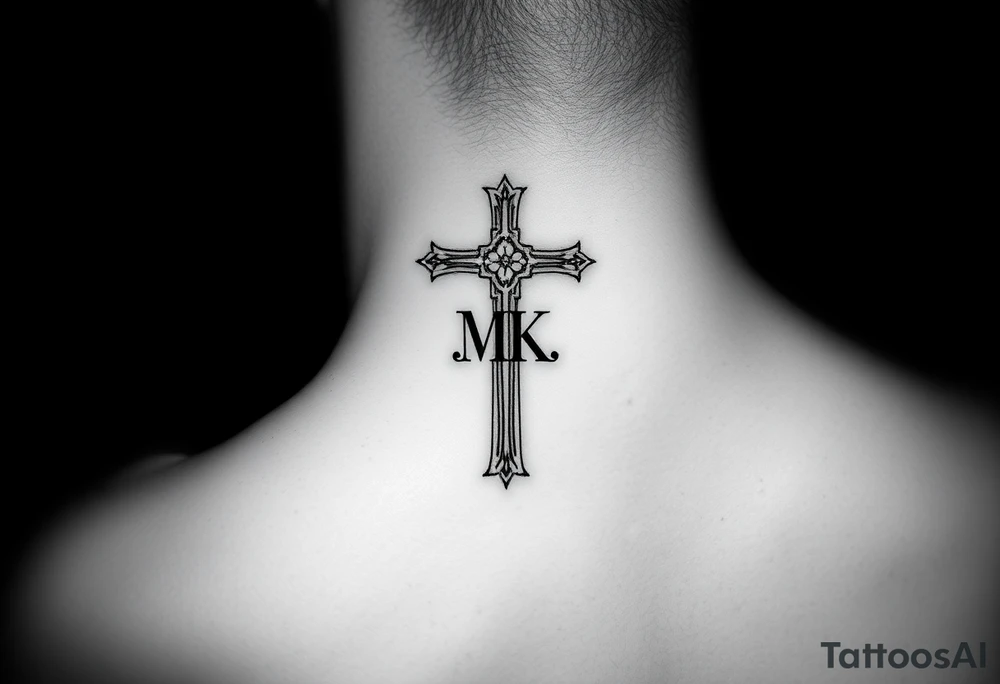 Cross with necklace on leg with initial MK tattoo idea
