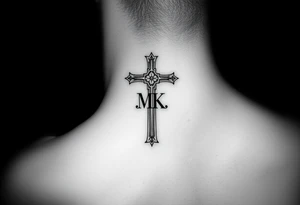 Cross with necklace on leg with initial MK tattoo idea