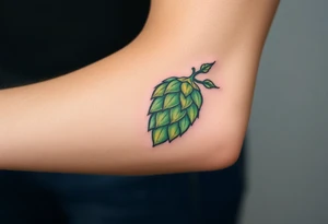 A detailed hop cone with deep green and golden hues, wrapped in barley stalks, symbolizing the essence of brewing tattoo idea