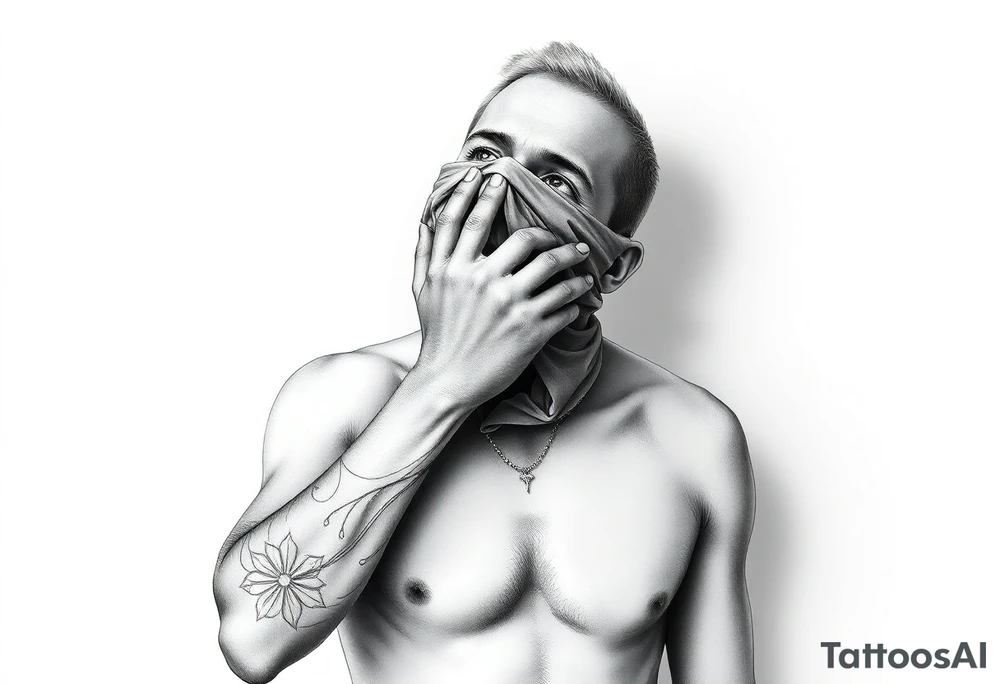 a naked man covering his eyes and mouth with a cloth with no emotions and looking up tattoo idea
