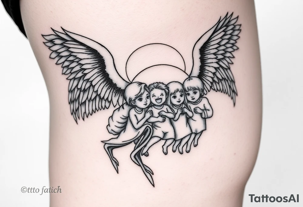 Tatoo down side to thigh, something with angels and 7 kids tattoo idea