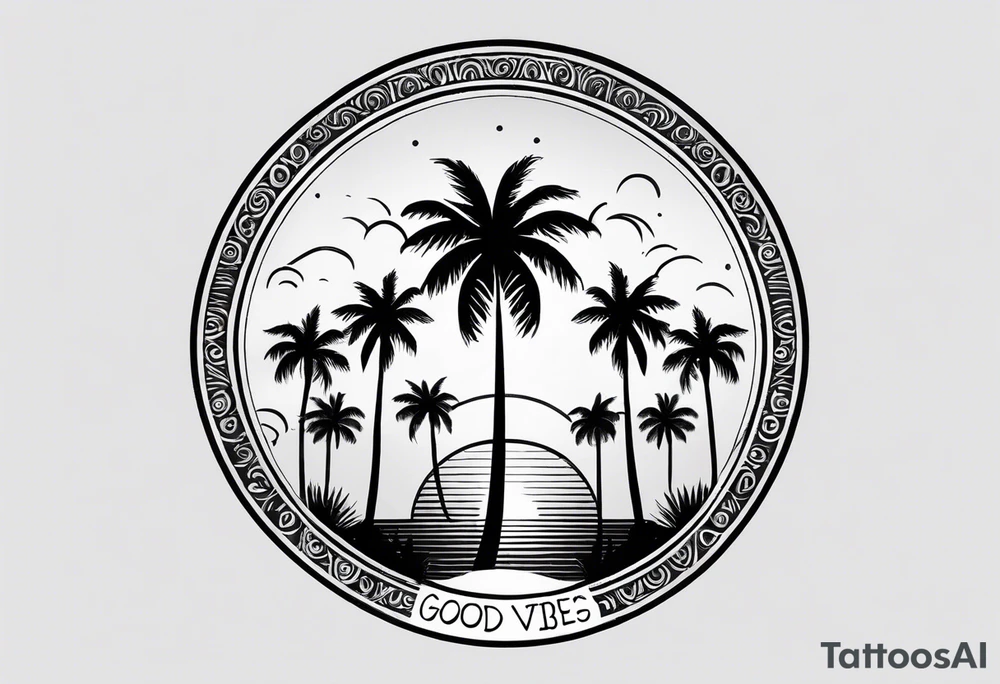 a minimalist tattoo of a sun and a palm tree with the words good vibes below it, make it only small and can fit in a circle tattoo idea