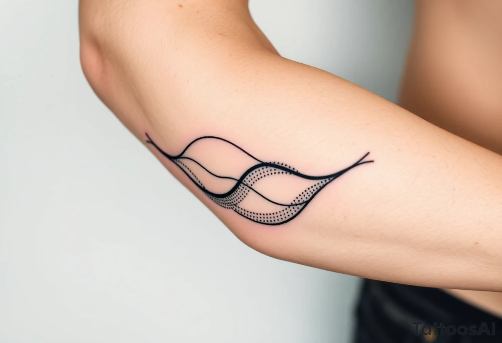 Bold abstract line tattoo for a male, inner forearm wrapping around the elbow, sharper wave forms, confident flowing black lines with controlled dotwork, strong contrast, modern masculine style, black ink only, no softness, tattoo-ready. tattoo idea