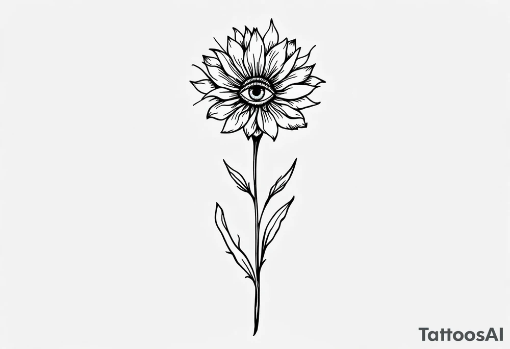 A long flower with stalk and leaves and with the centre being an eye and around the petals having black sunrays tattoo idea