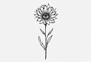 A long flower with stalk and leaves and with the centre being an eye and around the petals having black sunrays tattoo idea