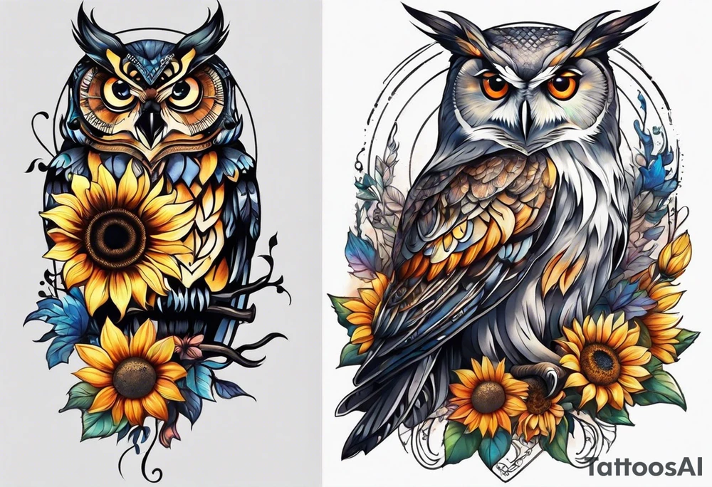 Owl, butterfly and sunflower are sleeve tattoo idea
