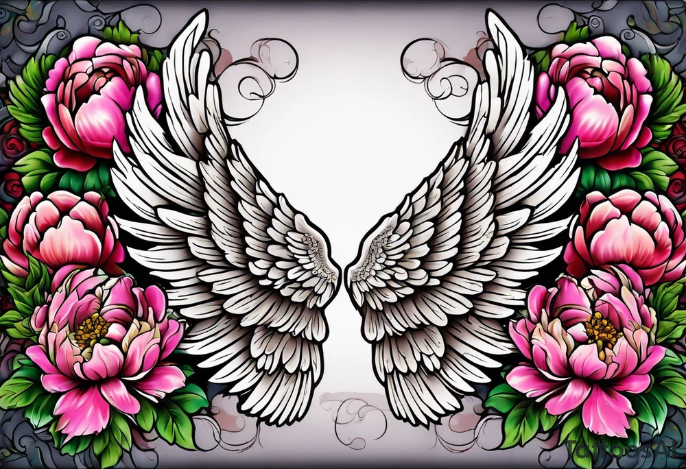 beautiful angel wings with colorful, peonies. beautiful flilligree in the background , full color, traditional old school tattoo idea