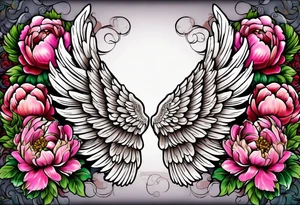 beautiful angel wings with colorful, peonies. beautiful flilligree in the background , full color, traditional old school tattoo idea