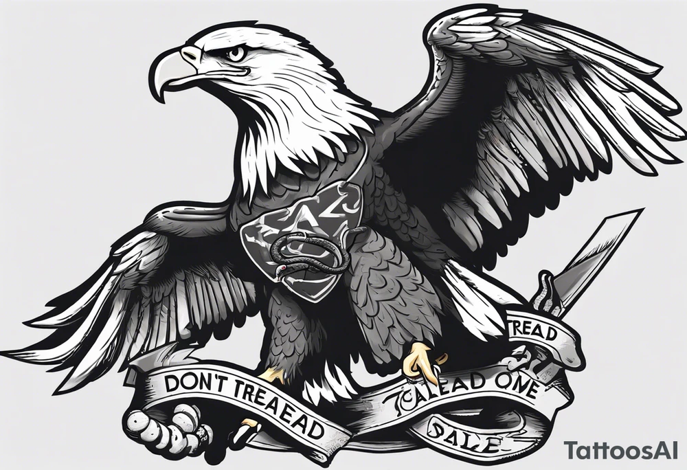American traditional Bald Eagle carrying a snake in its talons, with a banner reading “don't tread on me” tattoo idea