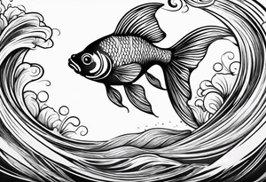 “Create a delicate tattoo of a goldfish swimming in a wave, emphasizing its flowing fins and graceful movement. tattoo idea