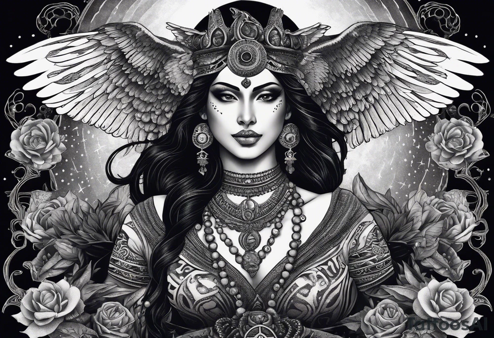 black kali, goddess pirate, alien, angel, pachamama, valkrye, warrior, flying, skull, lotus azul, wing, eagle, zenza resonance, stars, 5D, anahata chakra, death, durga, riding on a tiger, flying lady, kundalini, chest tatoo, samuri, rebel, serpent tattoo idea