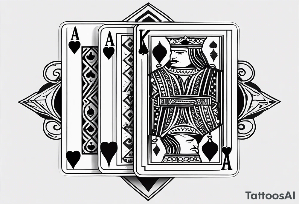 Only  Two cards no faces just letters and shapes, king of hearts with the K in the middle of the card and hearts in the corners and the Ace of spades behind it with the A in the corner peeking from behind the king of hearts card tattoo idea
