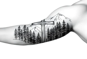russian orthodox cross in a light forrest mountainous setting tattoo idea